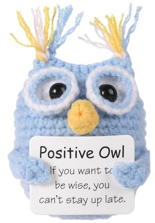 Lustige Positive Eule zum Häkeln, 7cm Niedliche Mini-Häkeltiere Woll Eule Gestrickte Puppe mit Inspirierender Affirmationskarte Neuheit Ermutigungsgeschenk für Kindergeburtstag Partydekoration