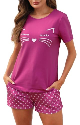 Reliwel Pyjama Femme Ete Pyjama Coton Femme Court Ensembles de Pyjama Col Rond Pijama Femme Chat Short Deux Pièces Pyjamas Short Femmes Coton à Col Rond Pyjama Tout Doux
