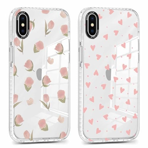 Foonary 2 Pack Clear Print Phone Case for iPhone X/XS 5.8,Soft Silicone with Flowers Love Design Aesthetics Transparent Pattern Cases,Shockproof Bumper Protector Cover for iPhone X Floral