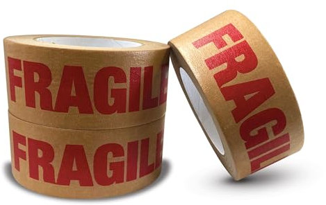 JeeJaan® 3 Rolls of Fragile Paper Tape 50mm x 50m Heavy Duty Self-Adhesive Brown Fragile Packaging Tape for Safe Shipping and Parcel Wrapping Recyclable Strong Adhesive Ideal for Fragile Goods