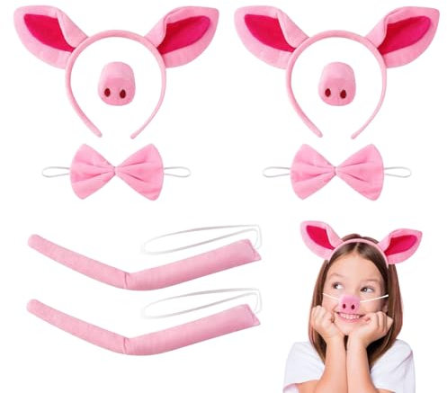 UILYNIU 8 Stücke Schwein Kostüm Set, Schwein Ohren Stirnband, Ohren Schwanz und Fliege Set, Rosa Schwein Kostüm Kit Zubehör für Kindergeburtstag Karneval Halloween Fasching Party (Rosa)