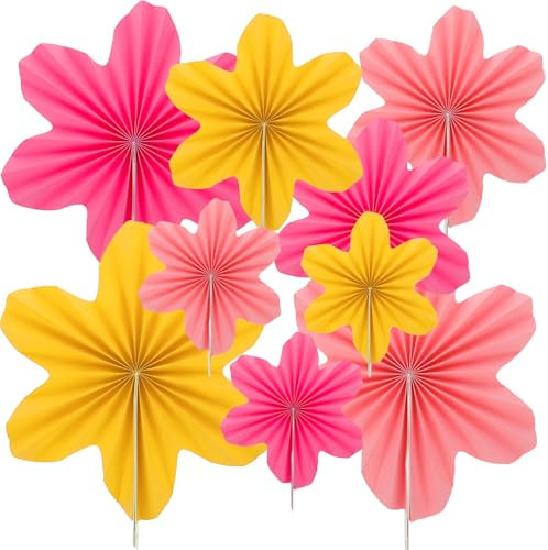 9PCS Paper Flowers Party Decorations Paper Decorations Hanging Paper Fans Festival Decorations Party Decor Classroom Decoration Paper for Bithday Wall Decor Decorations Classroom Decor(Pink Yellow)