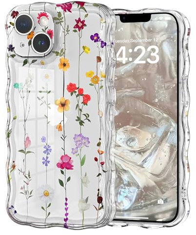 Micoden Cute Curly Wave Case for iPhone 13,Clear with Anti-Yellowing Flower Floral,Soft TPU Slim Bumper Shockproof Anti-Scratch Protective Wavy Cover for Girls Women-Yellow