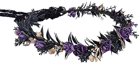 MOSTORY Elfen Kopfschmuck für Renaissance Accessoire, Schwarzer Feen Stirnband mit Lila Blumen für Karneval, Gotischer Cosplay Mittelalterliches Fotoshooting
