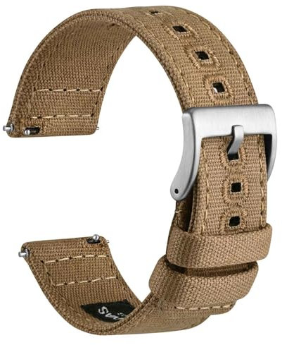 WOCCI 22mm Segeltuchstoff Uhrenarmband, Schnellverschluss, Ersatzband, Silberne Schnalle (Khaki)