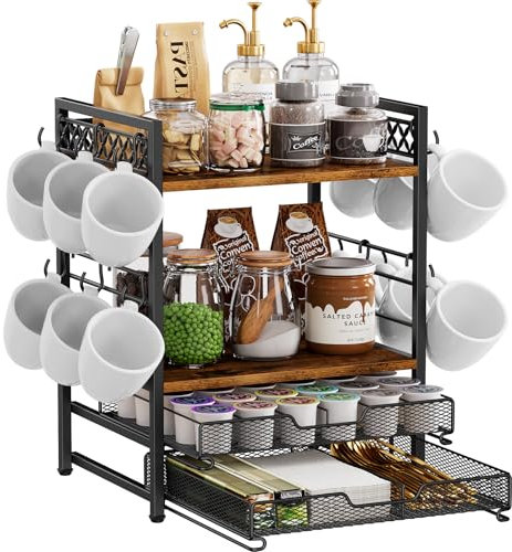 Plaviya 4 Etagen Tassenhalter Stand, Tassenregal mit 12 Haken, Tassenständer for Kaffeetassen, mit 30 Kaffeekapsel Schublade, Kaffee Organizer für Theke, Multifunktionales Regal für Zubehör Küche