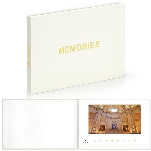EclatView Books - MEMORIES Themen-Video-Grußkarte, Goldfolien-Schriftzug auf beigefarbenem Leineneinband, 7-Zoll-HD-Bildschirm, 4 GB Speicher, unabhängige Geschenk-Box-Verpackung, perfekt für