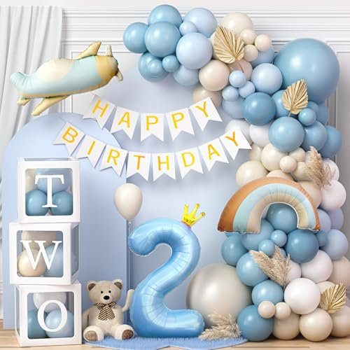 Toyssa Geburtstagsdeko 2 Jahre Junge Blau, Deko 2. Geburtstag Junge mit Ballonbox Folienballons Happy Birthday Girlande, Luftballon Girlande Blau für Zweiter Geburtstag Kinder