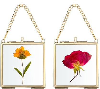 SUMTree Lot de 2 mini cadres photo carrés en métal et verre à suspendre - Ornement géométrique - Plante - Clip en verre - Pour fleurs pressées - 7 x 7 cm - Doré - Cadre uniquement