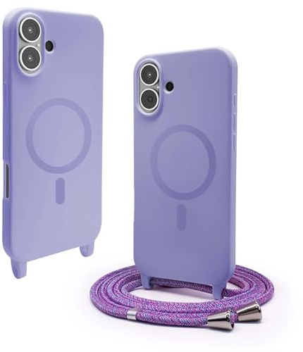Bigcousin Handykette für iPhone 16 Hülle mit Band,Magnetisch kompatibel mit Magsafe,Silikon Necklace Handyhülle mit verstellbar und abnehmbar,Lila