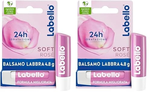 Labello Soft Rosé 4.8 g, Balsamo labbra colorato con estratto di rosa, Burrocacao labbra fondente con oli naturali e burro di karité, Lip balm idratante per 24 ore con pigmenti colorati