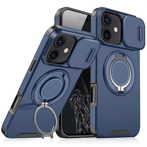 Mixroom - Custodia Cover per iPhone 12 / iPhone 12 PRO Protezione Antiurto Militare con Supporto cellulare a stand Cavalletto ad Anello Magnetico Copertura Fotocamera Slide Scorrevole C07 Blu