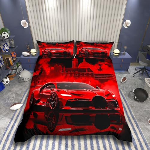 Homemissing Kinder Rennwagen Bettwäsche Set 135x200cm Extreme Sport Spiel Car Bettbezug Auto für Jungen Mädchen Schlafzimmer Dekor Moderne Rot Betten mit Reißverschluss