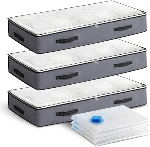 NEWSONA Lot de 3 Sacs de Rangement sous Lit 100×50×15 cm (Gris Foncé) + 3 Sacs Sous Vide 100×70 cm, Housses Basses avec Fenêtre pour Optimiser l’Espace sous Lit et Canapé