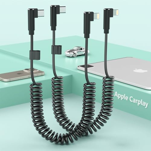 2Pack CarPlay Right Angle USB C to Lightning Coiled Coiled Charging Cable，90 Degree Elbow Apple Fast Charge Sync Data Spring Retractable Cord Adapter for iPhone 14/13/12/11/SE/Xs/Xr/8/iPad-4FT