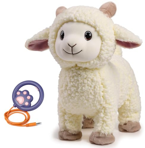 eJog Pup Laufen Schaf Kuscheltier Lamm Plüschtier mit Fernbedienung Leine, Elektronisch Interaktiv Schaf Stofftier das Singen, Machen, Schwanzwedeln und Realistische MÄH-Laute, Geschenk für Kinder
