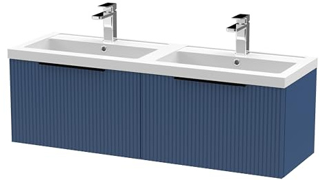 Balterley Vanity Unit with Basin Wall Hung, 2 Drawer Soft Close with 2 Rectangular Sink and Handles, Bathroom Vanity Units with Basin, Fluted Front Sink Cabinet - 1205 x 383 x 399mm (Blue)