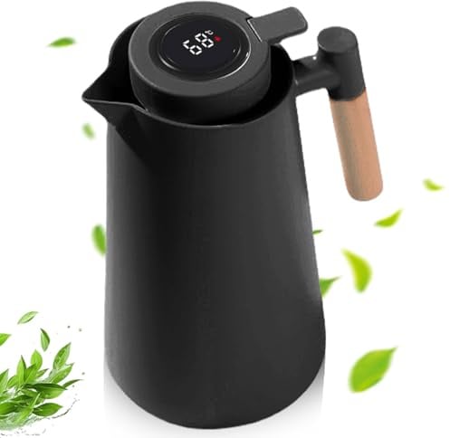 Thermoskanne 1L Isolierkanne mit Temperaturanzeige, Kaffeekanne Thermo Doppelwandige Vakuumisolierung, Teekanne Thermo mit Holzgriff, Thermosflasche, Warmhaltekanne für Zuhause Büro Hotel (Schwarz)