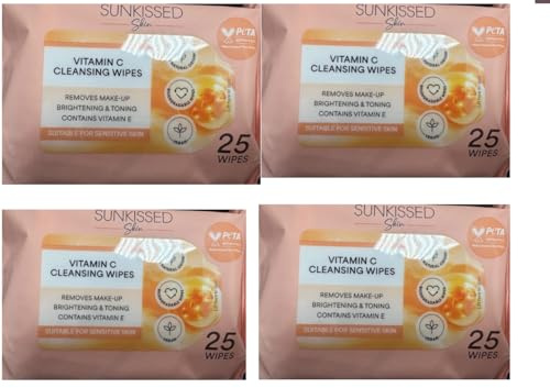 Vitamin C Cleansing Wipes, 25 Pack, Vegan, Sensitive Skin, Brightening and Toning with Vitamin E