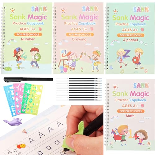 ZenyTra 4-in-1 Schreibübungs Set für Kinder, 4 Schreibhefte + 1 Stift + 10 Patronen + 4 Lineale, Englisch Schreiben Lernen mit Übungsheften für Vorschule & Grundschule