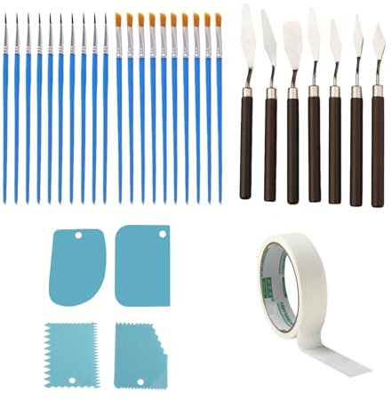 Juego de 32 espátulas de pintura acrílica, 7 paletas de cuchillos, 4 cuchillas limpiadoras, 20 pinceles con cerdas de nailon y 1 cinta adhesiva para papel de acuarela, para pinturas acrílicas