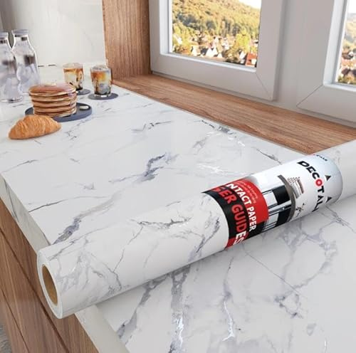 Decotalk Möbelfolie Arbeitsplatte Küche Marmor Weiss Silber Muster 81X300cm Klebefolie Arbeitsplatte Küche Marmoroptik Weiß Folie für Möbel Marmor Matt Dicker DIY Dekofolie für Schrank Schminktisch