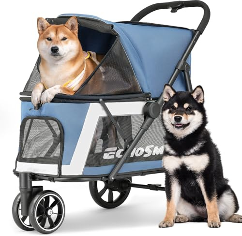 EchoSmile Hundewagen für Mittelgroße und Große Hunde bis 40kg, Faltbar Hundebuggy mit Netzfenstern, Verstellbarem Griff & 3 Geländegängige Räder, Blau + Weiß