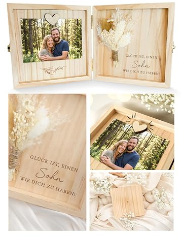 Joli Coon Sohn Geschenk, Holzbox, 14 x 14 x 3 cm | Echte Trockenblumen, Magnet für Foto, Glück ist es einen Sohn wie Dich zu haben, als Erinnerungsbox aufstellbar