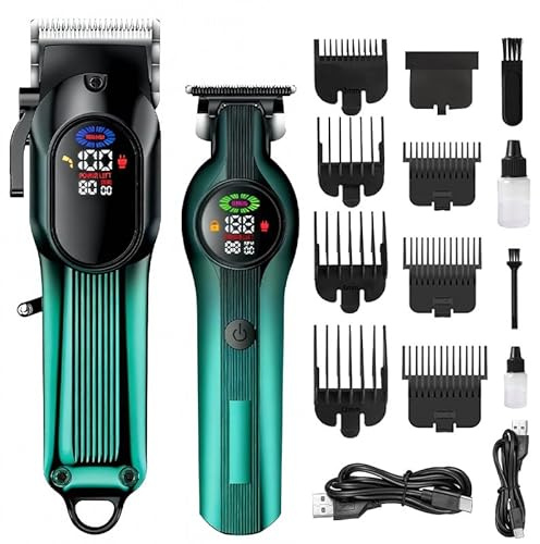 WAIKIL Kabelloses Haarschneidegerät und T-Klingen-Trimmer-Set, professionelles Haarschneide-Set für Männer mit LED-Anzeige, wiederaufladbares Friseur-Pflegeset für Haar und Bart, Grün