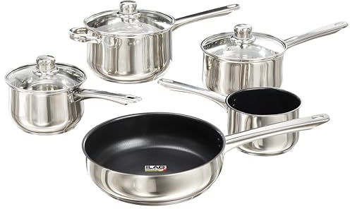 Buckingham 5 Piece Pan Set Stainless Steel Saucepans 2, 2.8, 3.8 litres with Tempered Glass Lid Non-Stick Coating Frying Pan 3.2 litres & Milk Pan 1.3 litres Induction Hob Compatible Kitchen Set