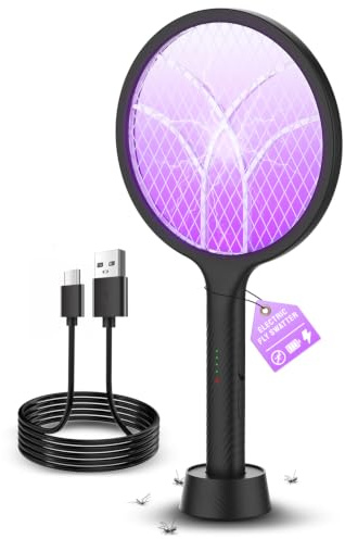 Mosiller Electric Fly Swatter Racket, 4000V Bug Zapper with 1800mah & Dual Modes, 2 in 1 Rechargeable Purple Mosquito Light Killer with 3-Layer Safety Mesh for Indoor Home Patio Camping Office(1 Pack)