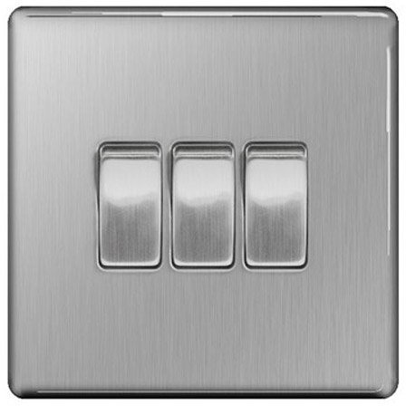 Screwless Flat Plate Brushed Stainless Steel 10AX Light Switch 3 Gang 2 Way