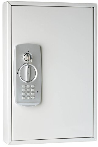 Wedo 10263237 Schlüsselschrank (für 32 Schlüssel, pulverbeschichtetes Stahlblech, mit modernem Elektronikschloss und zusätzlichem Standardschloß inklusive 2 Schlüssel) lichtgrau, Maße: 30 x 9, 5 x 45 cm