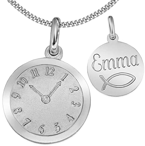 Clever Schmuck Set mit Gravur: Silberner Anhänger Geburts Uhr matt und glänzend mit wählbarer Kette, beides STERLING SILBER 925 im Etui