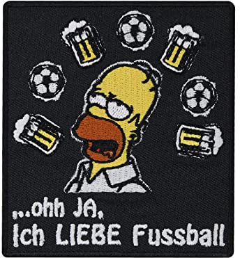 Fussball Aufnäher lustig - Homer Simpson Patch Ich liebe Fussball Bügelbild bestickt für Trikot - Fussball Geschenk Sport DIY Stoff-Applikation Shirt/Jacke/Tasche - 90x80mm
