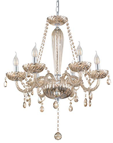 EGLO Pendelleuchte Basilano, 6 flammiger Kronleuchter Vintage, Shabby Chic, Hängelampe aus Stahl und Glas in Chrom, Cognac, Esstischlampe, Wohnzimmerlampe hängend mit E14 Fassung