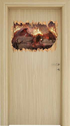 Stil.Zeit Ritter kämpft gegen Drachen im Feuer Holzdurchbruch im 3D-Look, Wand- oder Türaufkleber Format: 62x42cm, Wandsticker, Wandtattoo, Wanddekoration