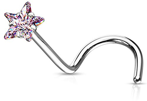 Tata Gisèle Piercing de Nez en Acier Chirurgical 316L et Oxyde de Zirconium - Zircon en Etoile - Différentes Couleurs d'acier et de Zirconium - (Argenté/Rose, 0.8)