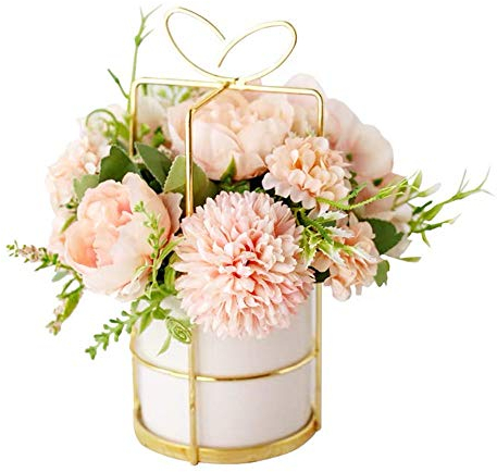 KIRIFLY Künstliche Blumen mit Vase,Unechte Blumen Deko Künstlich Pfingstrose Seide Hortensien Dekoration Blumenarrangements Hochzeit Blume Tischdekoration(Rosa mit Vase)