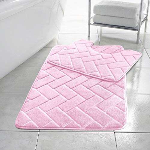 HOMES-LINEN Block Bricks Bath Mat Set Non Slip Pedestal Set Extra Absorbent 100% Memory Foam Bathroom Toilet Mat Rug Set (Pink)