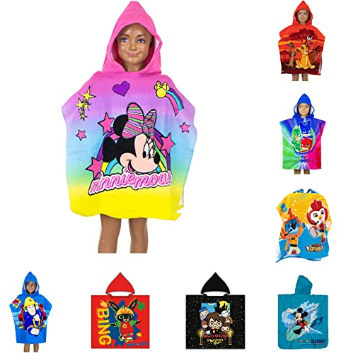 Kinder Bade-Poncho mit Kapuze, 55 x 110cm, versch. Motive - König der Löwen, PJ Masks, Batman, Minnie Mouse, Cars, LOL Surprise, Top Wings, Sam Badeponcho Handtuch Bademantel Poncho (Minnie Mouse)