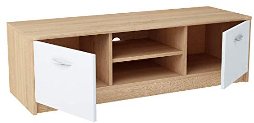 MATKAM Fernsehkommode 2DC H36xB120xT41cm, laminierte Möbelplatte 16 mm, Zwei Ablagen mit Türen Links und rechts, in der Mitte EIN Regalfach, Metallscharniere, satinierte Griffe (Sonoma Eiche – weiß)
