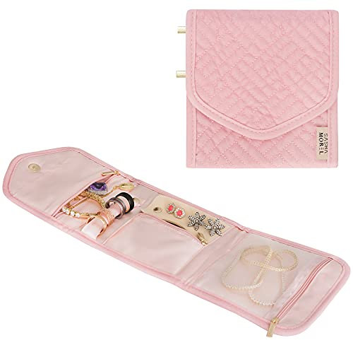 Sasha Morel Travel Jewellery Organiser, Foldable Jewelry Storage Roll Bag Accessories Pouch - Rings, Necklaces, Bracelets, Earrings - Pink