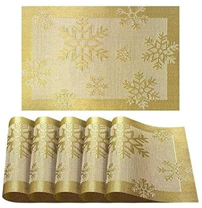 6er Platzdeckchen,Eageroo rutschfest Tischmatten aus PVC Abgrifffeste Hitzebeständig Abwaschbar Tischsets (Weihnachliche-Gold, 6er Platzsets)