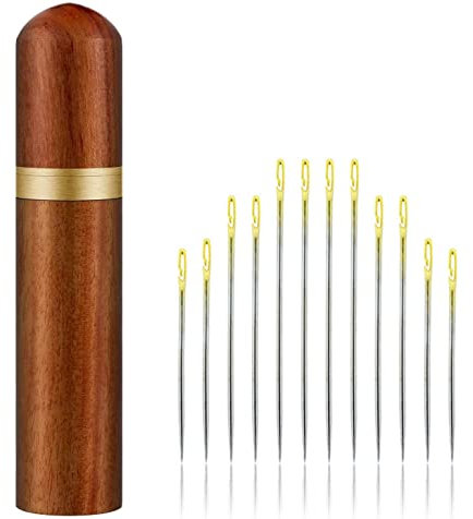 Needle Storage Case Holder with 12 Pcs Self-Threading Side Opening Sewing Needles Gold Tail,Wooden Needle Holder Storage Case Embroidery Pins Storage Tube for Storing All Kinds of Fine Needles