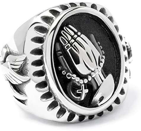 Schmuck-Checker Betende Hände mit Rosenkranz & Friedenstauben auf Christlichem Ring Edelstahl Biker-Schmuck Herren Geschenk (60 (19,1 mm Ø))