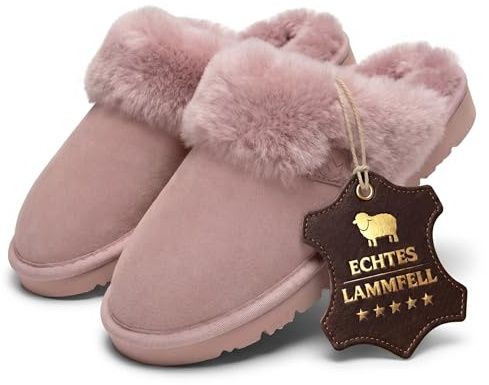 Rohn Moden Lammfell Hausschuhe Damen– Talea – Warme Hausschuhe Damen mit Schaffell & rutschfester EVA-Sohle – Winter Pantoffeln für zuhause – Slipper gefüttert - Braun Rose Grau