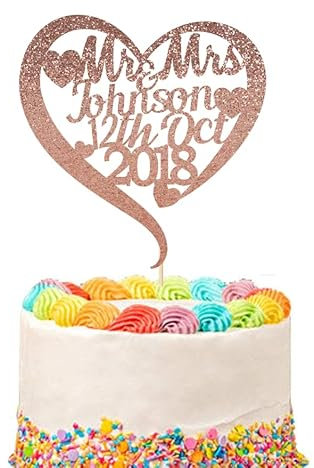 Mobile Stuff Personalised Wedding Cake Topper Anniversary Cake Decoration MR & MRS Design - Personalise with ANY SURNAME - Food Safe Non-shed Glitter Card Hand Finished in UK (Rose Gold)