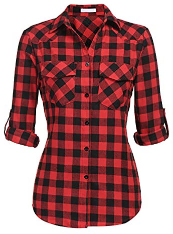 UNibelle Chemise à Carreaux Femme - Manches Longues, Col en V - Chemisier Traditionnel Oktoberfest - Veste en Coton - Style Décontracté - Rouge