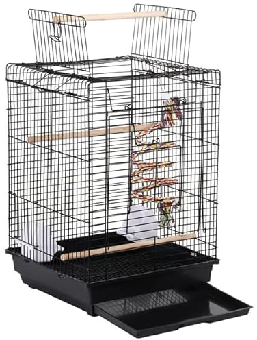 Abician Cage à Oiseaux en Métal pour Petits Oiseaux, Cage à Perruches avec Jouet, Corde à Clochette, 3 Perchoirs, 2 Mangeoirs, 1 Toit Ouvert 40 x 40 x 58 cm Noir